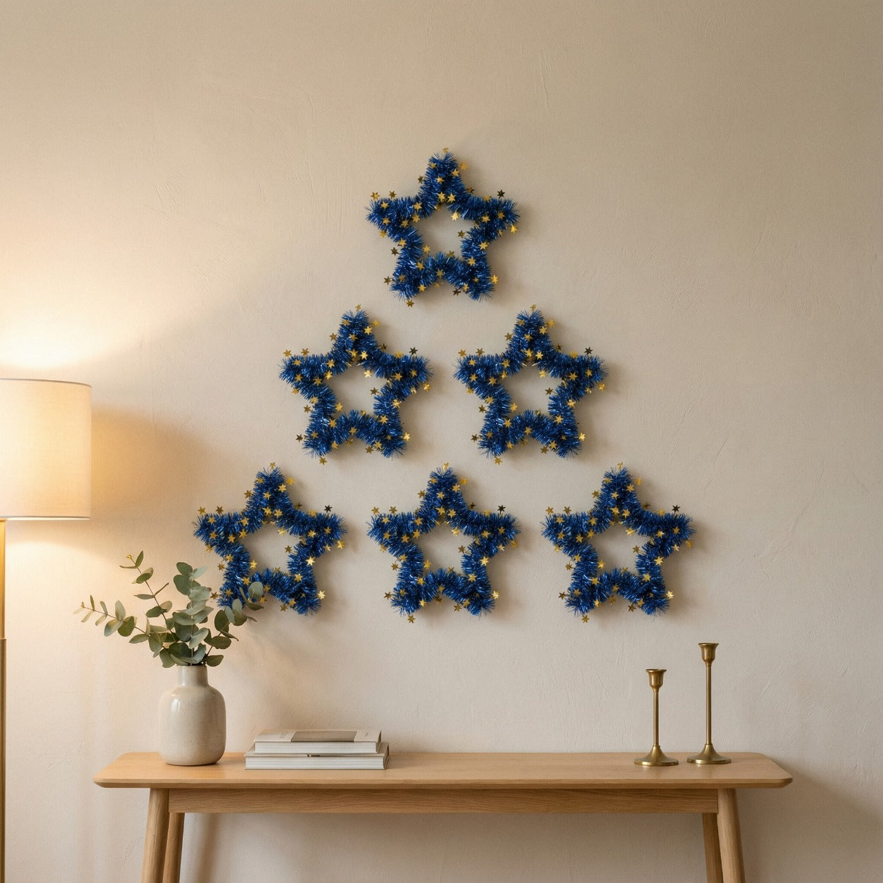 Blue Tinsel Star Wreaths | Wall Hanging Decor with Gold Stars | Fun & Festive Accent(pack of 6)