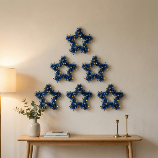 Blue Tinsel Star Wreaths | Wall Hanging Decor with Gold Stars | Fun & Festive Accent(pack of 6)