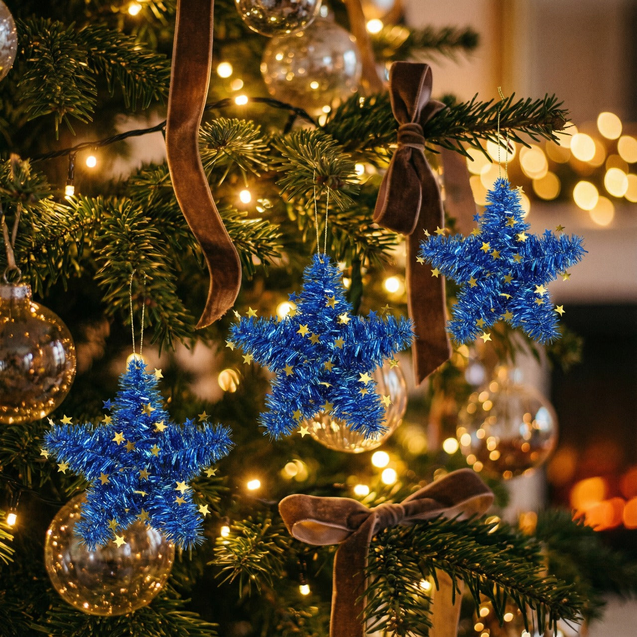 Blue Tinsel Star Wreaths | Wall Hanging Decor with Gold Stars | Fun & Festive Accent(pack of 2)