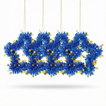 Blue Tinsel Star Wreaths | Wall Hanging Decor with Gold Stars | Fun & Festive Accent(pack of 4)