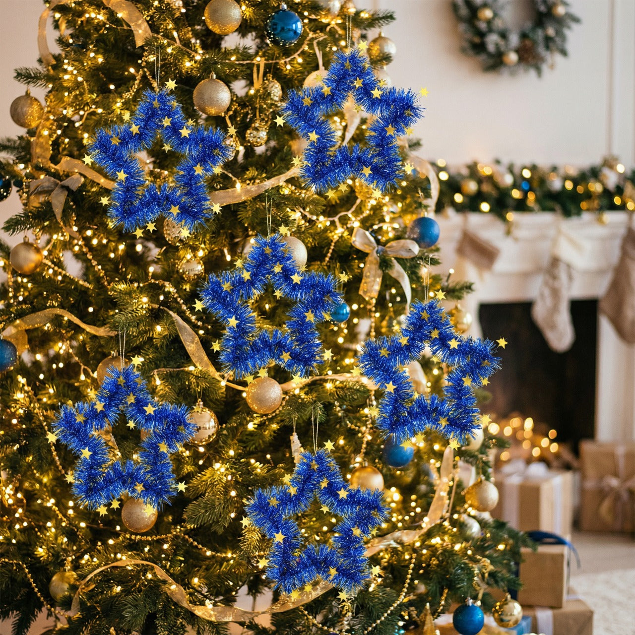 Blue Tinsel Star Wreaths | Wall Hanging Decor with Gold Stars | Fun & Festive Accent(pack of 4)