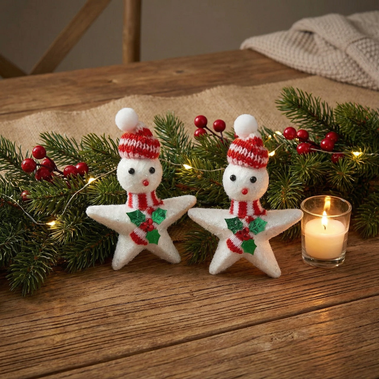Whimsical Star Snowman Christmas Ornament - Knitted Hat & Scarf Holiday Decor(pack of 2)