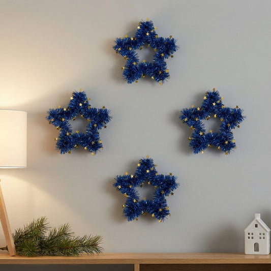 Blue Tinsel Star Wreaths | Wall Hanging Decor with Gold Stars | Fun & Festive Accent(pack of 4)