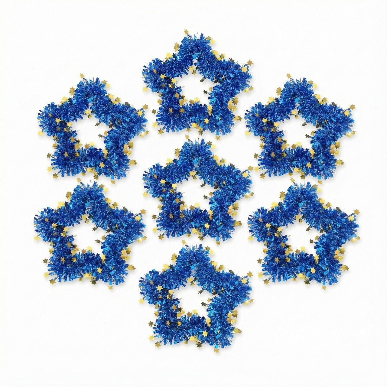 Blue Tinsel Star Wreaths | Wall Hanging Decor with Gold Stars | Fun & Festive Accent(pack of 6)
