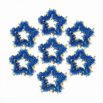 Blue Tinsel Star Wreaths | Wall Hanging Decor with Gold Stars | Fun & Festive Accent(pack of 6)