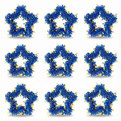 Blue Tinsel Star Wreaths | Wall Hanging Decor with Gold Stars | Fun & Festive Accent(pack of 6)