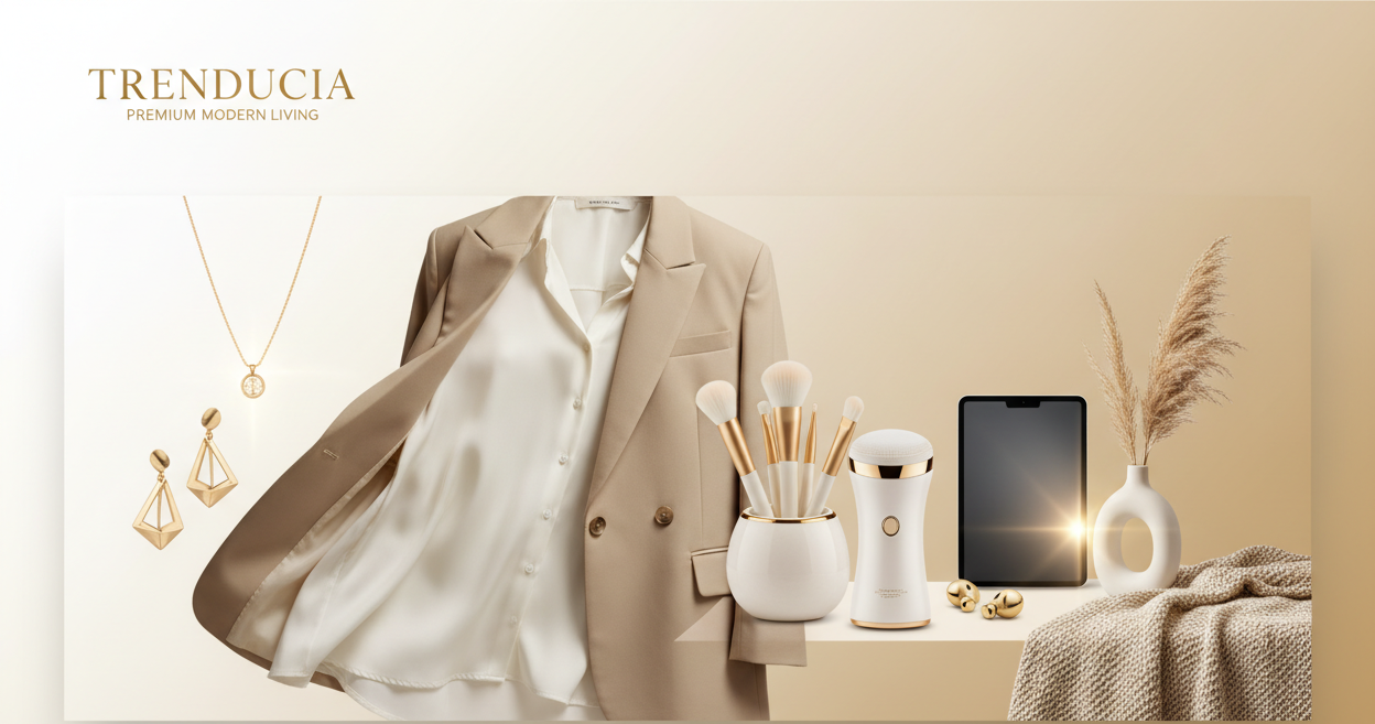 Wide horizontal e-commerce banner with Trenducia branding, showcasing jewelry, women’s wear, beauty tools, gadgets, and home essentials. Soft beige-gold background, premium modern design, clean layout, glowing highlight accents